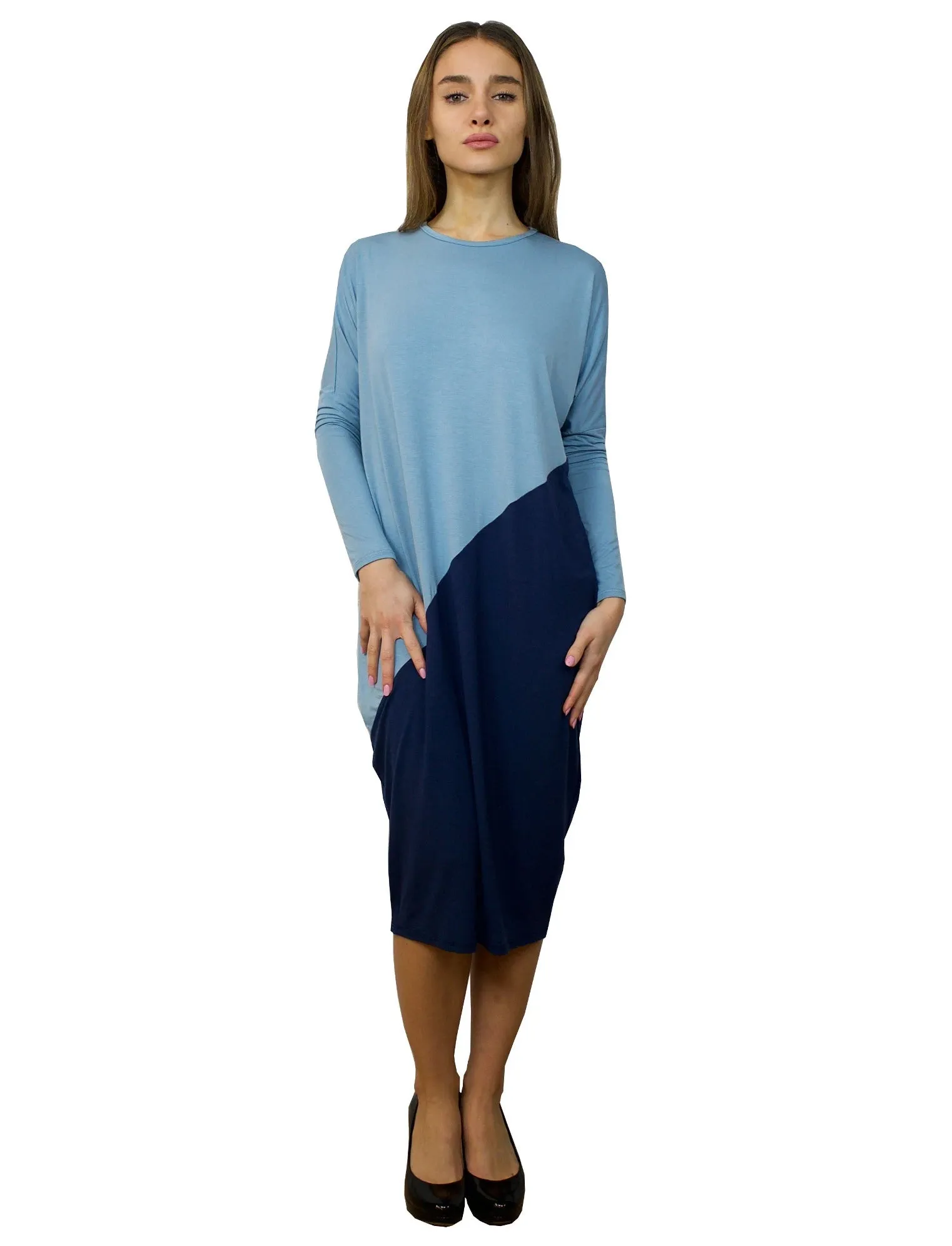 Women's Midi Length Color Blocked Comfy Dress