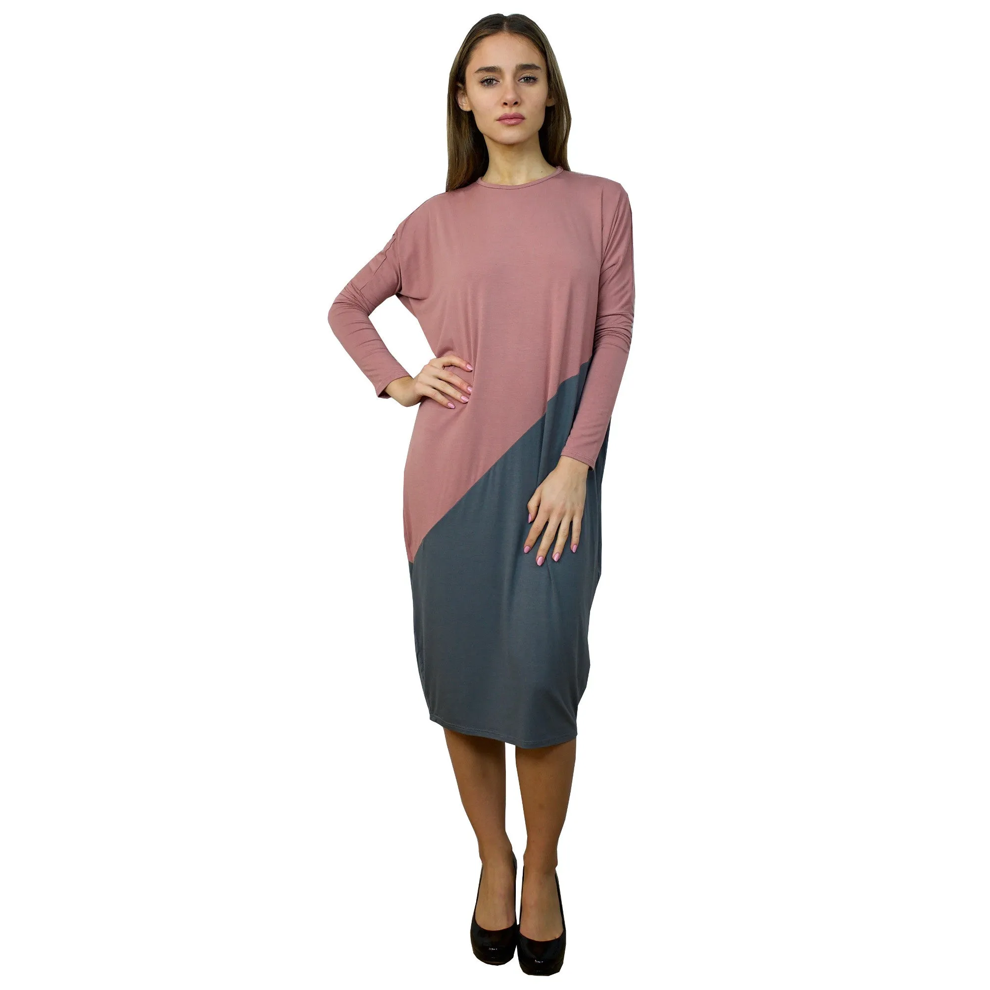 Women's Midi Length Color Blocked Comfy Dress