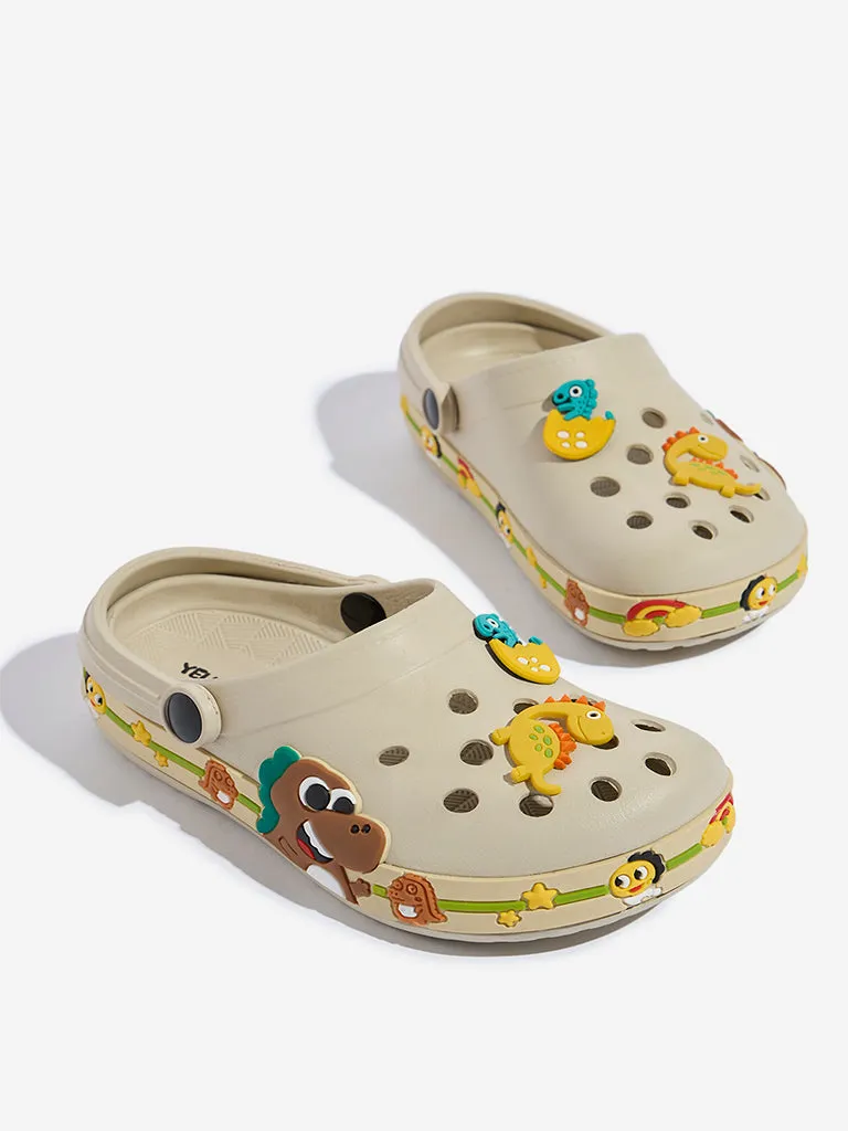 Yellow Beige Applique-Detailed Perforated Clogs